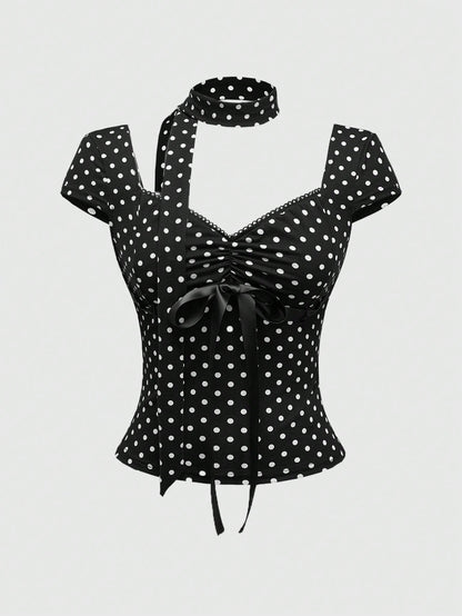 ROMWE Y2K Polka Dot Bowknot Design Women T-Shirt