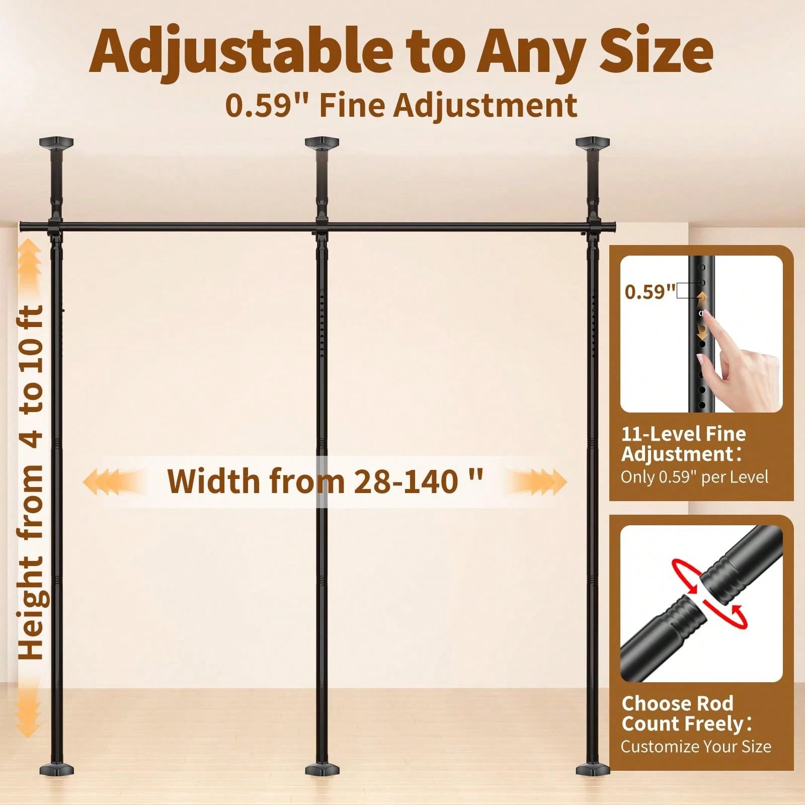Room Divider For Room Separation,4-10ft(H) 28-140inch(W) Adjustable Temporary Privacy Wall Divider, Tension Curtain Rods No Drilling, Heavy Duty Partition Space Separator Freestanding,Black