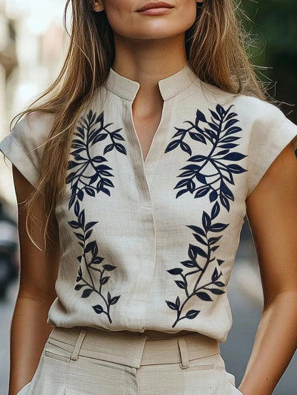 RosyDaze Women's Plant Pattern V-Neck Casual Shirt