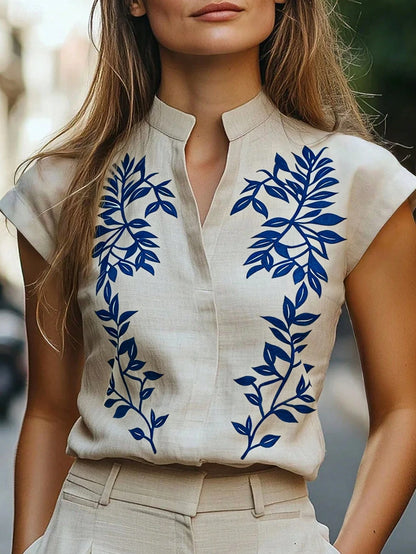 RosyDaze Women's Plant Pattern V-Neck Casual Shirt
