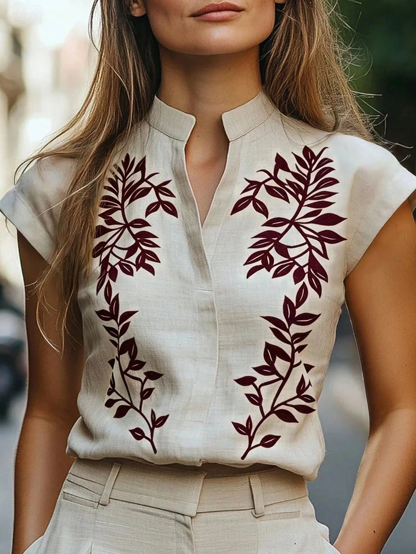 RosyDaze Women's Plant Pattern V-Neck Casual Shirt