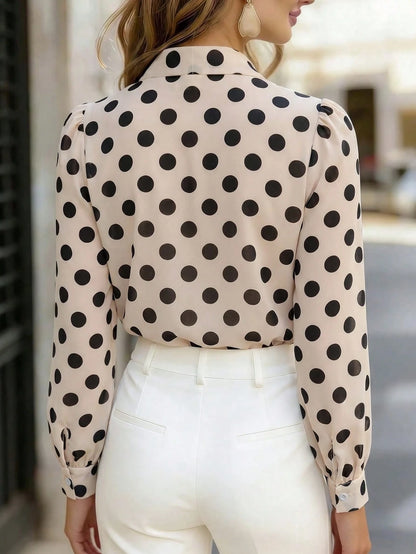 RosyDaze Women's Vintage Polka Dot Chiffon Blouse With Bow Tie, Stand Collar, Puff Long Sleeves, Elegant Drape Commuter Shirt For Spring And Autumn