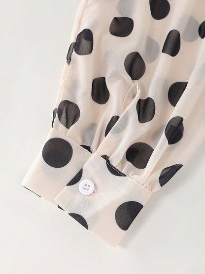 RosyDaze Women's Vintage Polka Dot Chiffon Blouse With Bow Tie, Stand Collar, Puff Long Sleeves, Elegant Drape Commuter Shirt For Spring And Autumn