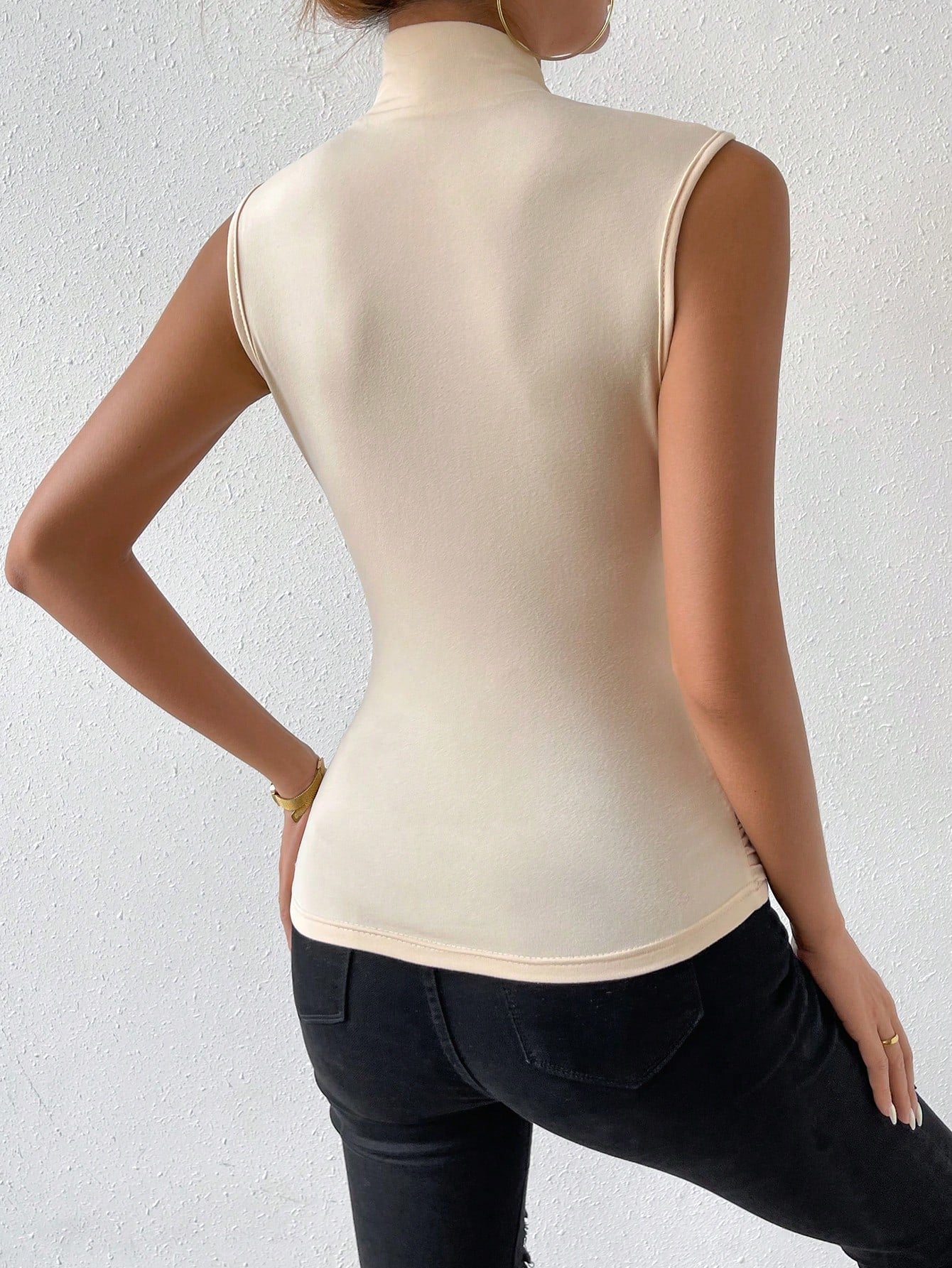 RosyDaze Women Summer Solid Color Overlapping V-Neck Pleated Slim Fit Tank Top