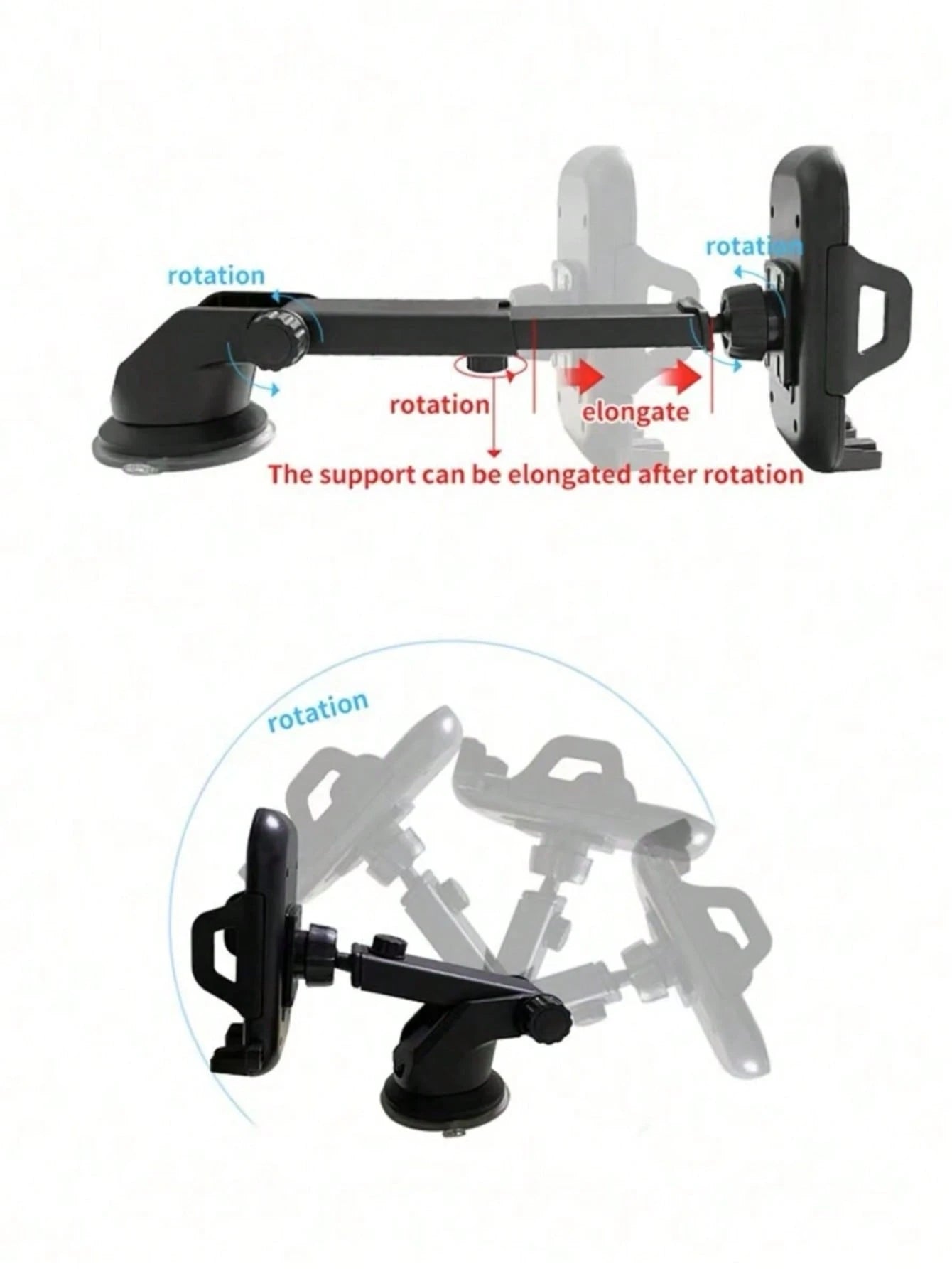 Rotatable Suction Cup Car Phone Mount Holder, For IPhone & Android, Windshield & Dash, Washable & Reusable