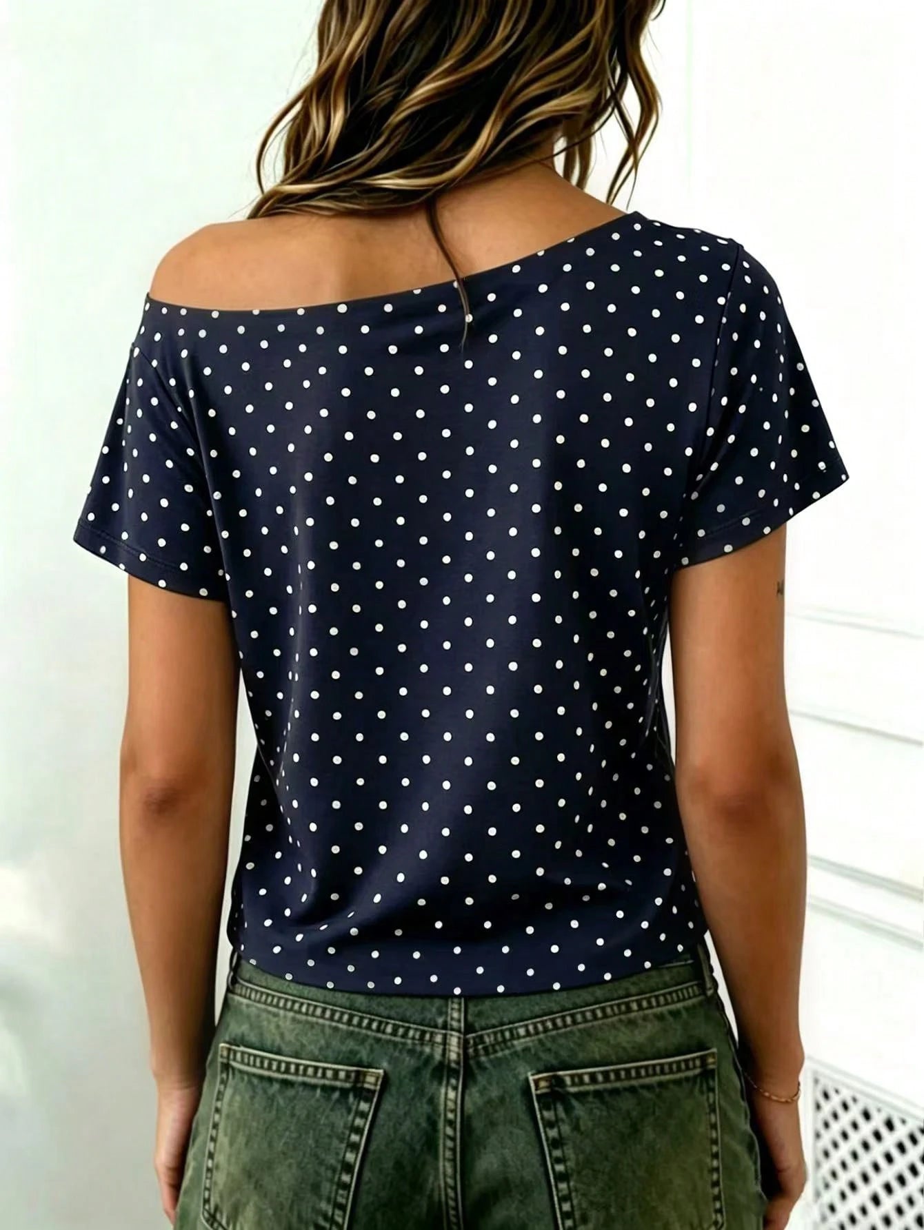 Rovax Polka Dot Print Cropped Asymmetrical Shoulder Short Sleeve T-Shirt