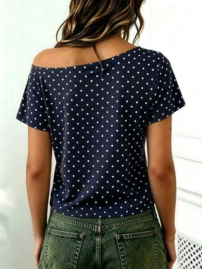 Rovax Polka Dot Print Cropped Asymmetrical Shoulder Short Sleeve T-Shirt