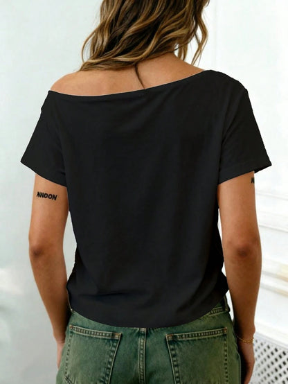 Rovax Polka Dot Print Cropped Asymmetrical Shoulder Short Sleeve T-Shirt