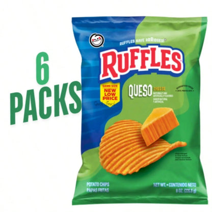 Ruffles Queso Cheese Flavored Potato Chips 8 Oz| 6-Pack Large Bag Set