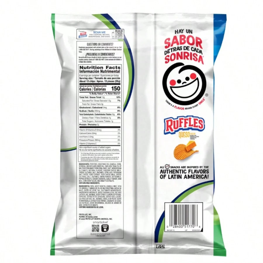 Ruffles Queso Cheese Flavored Potato Chips 8 Oz| 6-Pack Large Bag Set