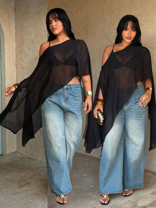 Rustia Plus Size Asymmetrical Neck Cloak Sleeve Blouse Black Semi-Sheer Woven Fabric Casual Sexy Elegant Girlism Top Night Out Vacation Party Club Summer
