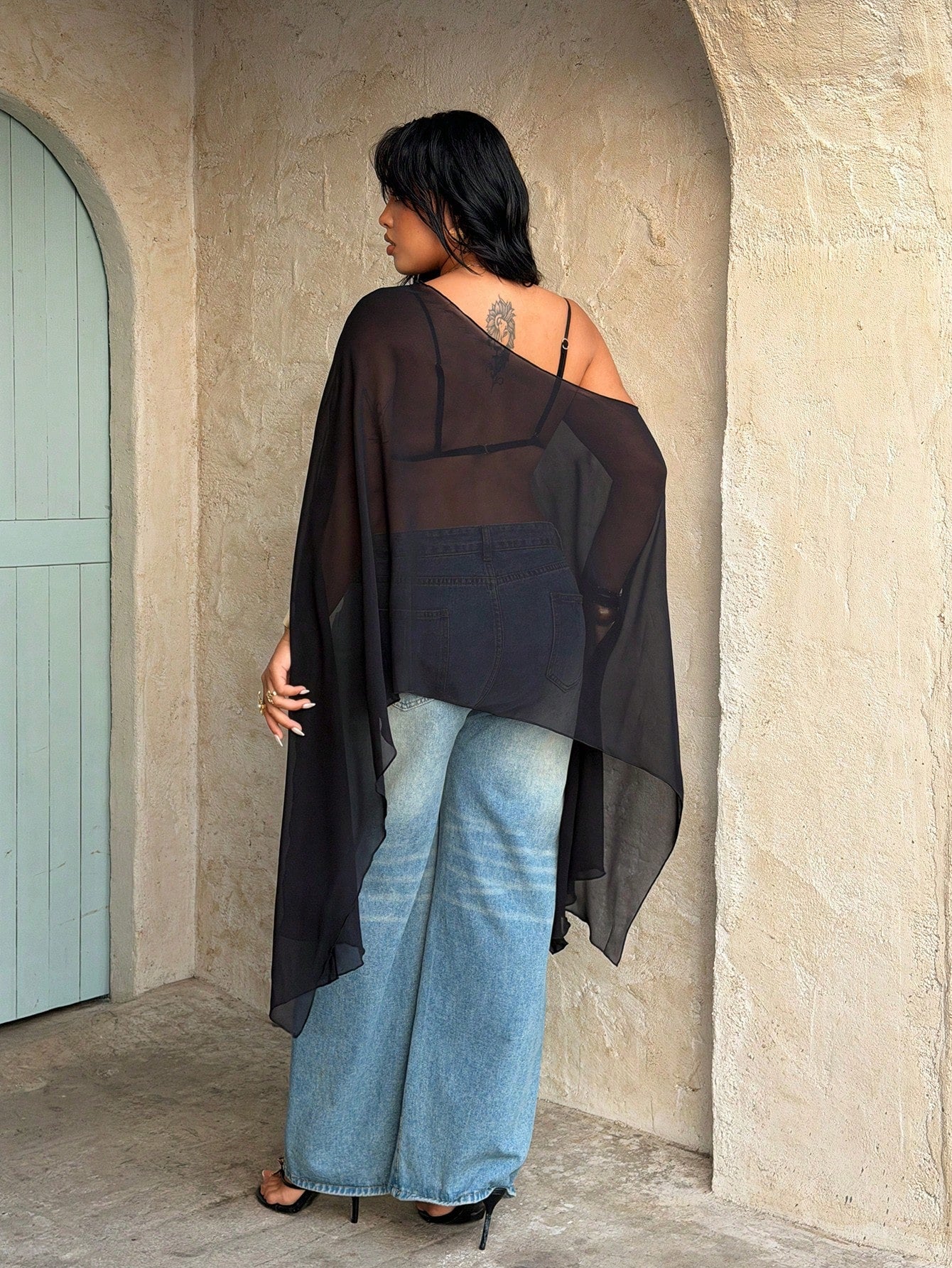 Rustia Plus Size Asymmetrical Neck Cloak Sleeve Blouse Black Semi-Sheer Woven Fabric Casual Sexy Elegant Girlism Top Night Out Vacation Party Club Summer