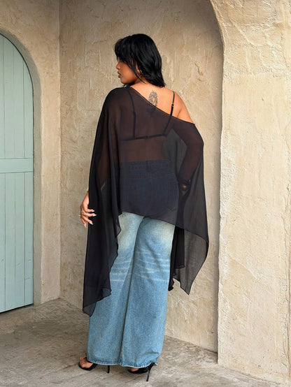 Rustia Plus Size Asymmetrical Neck Cloak Sleeve Blouse Black Semi-Sheer Woven Fabric Casual Sexy Elegant Girlism Top Night Out Vacation Party Club Summer