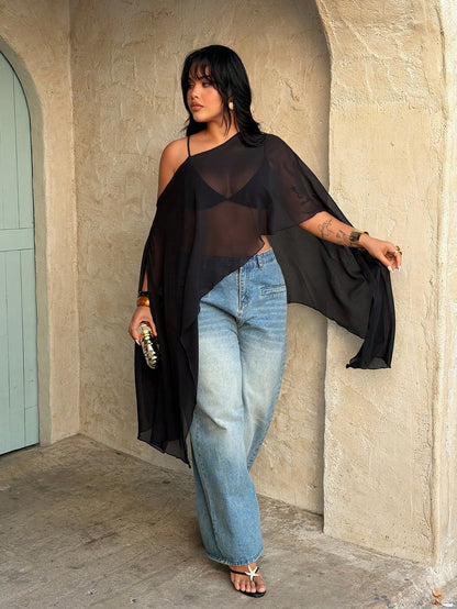 Rustia Plus Size Asymmetrical Neck Cloak Sleeve Blouse Black Semi-Sheer Woven Fabric Casual Sexy Elegant Girlism Top Night Out Vacation Party Club Summer