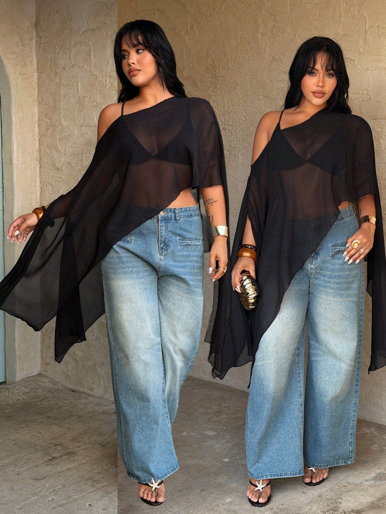 Rustia Plus Size Asymmetrical Neck Cloak Sleeve Blouse Black Semi-Sheer Woven Fabric Casual Sexy Elegant Girlism Top Night Out Vacation Party Club Summer