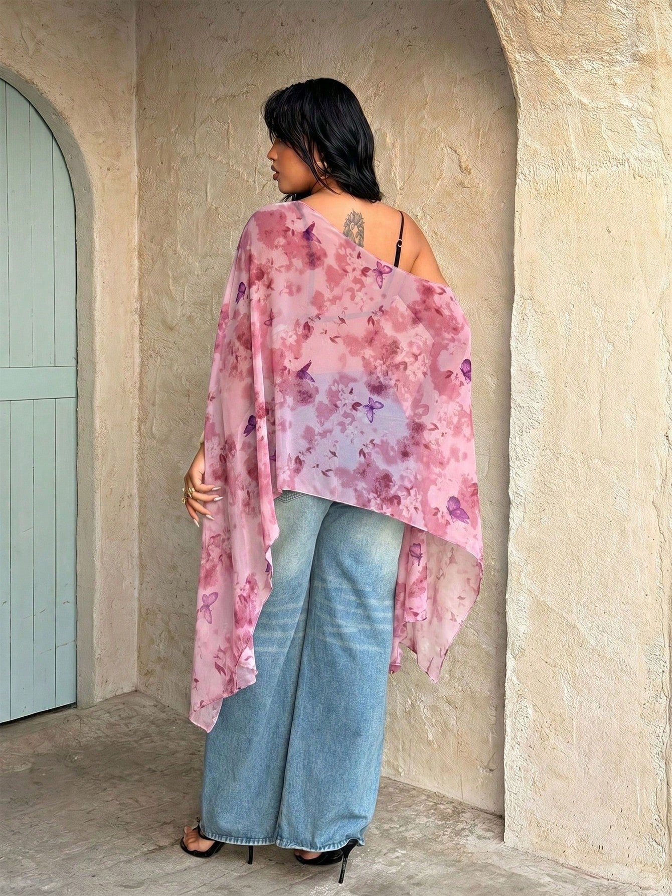 Rustia Plus Size Women's Fashionable Elegant Leopard Print Asymmetrical Asymmetric Semi-Sheer Chiffon Blouse Shawl Fall
