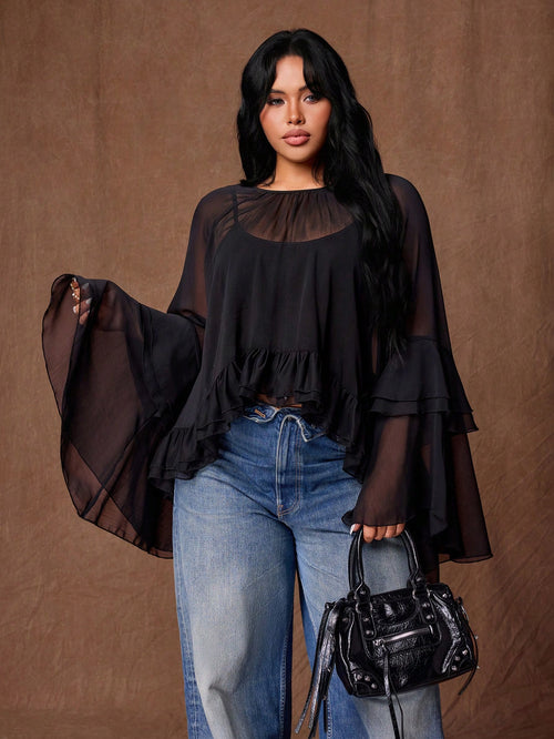 Rustia Plus Size Women's See-Through Chiffon Blouse, Ruffled Bell Sleeve Sheer Top, Y2K Gothic Style Party Casual Shirt Fall