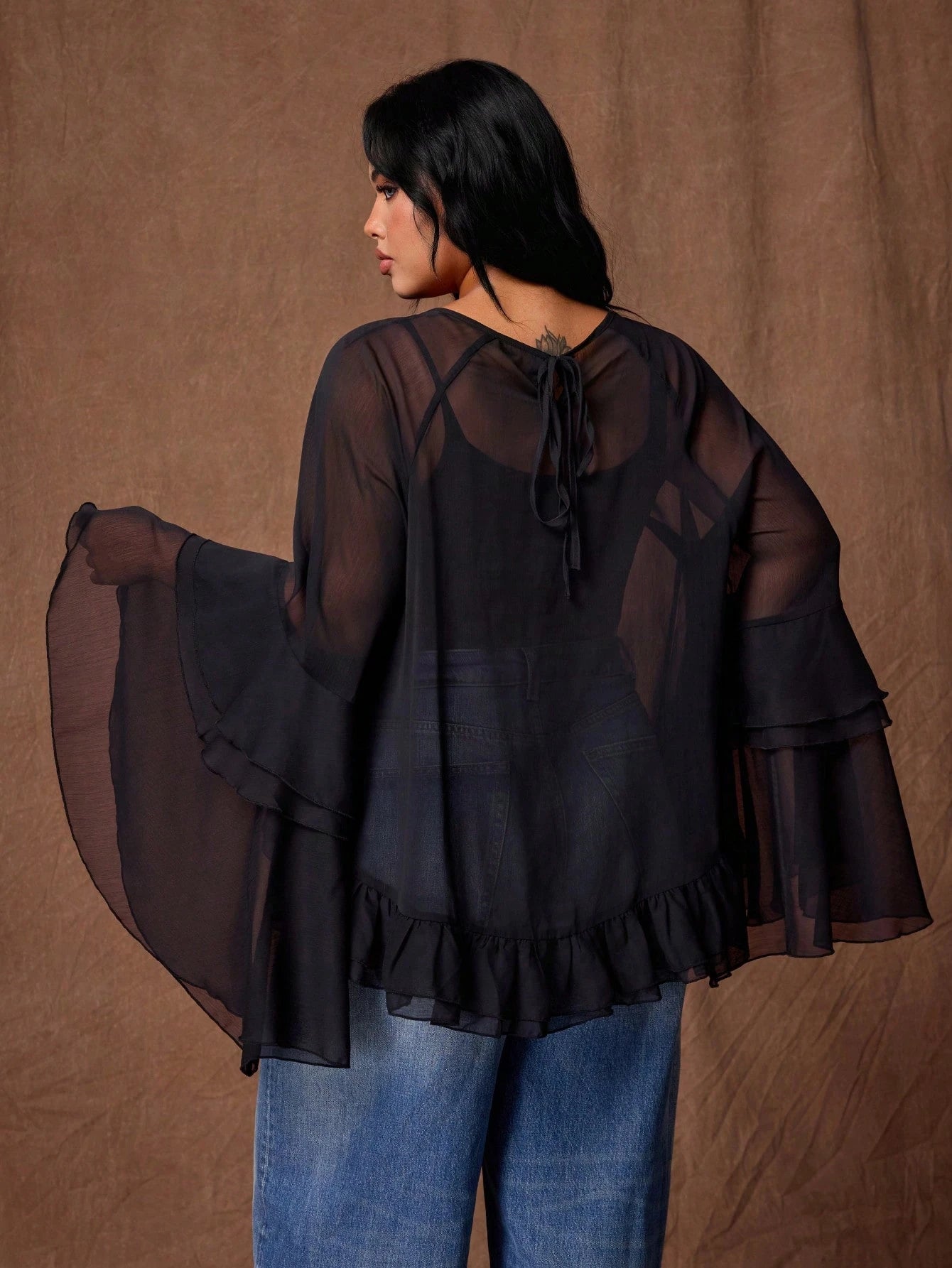 Rustia Plus Size Women's See-Through Chiffon Blouse, Ruffled Bell Sleeve Sheer Top, Y2K Gothic Style Party Casual Shirt Fall