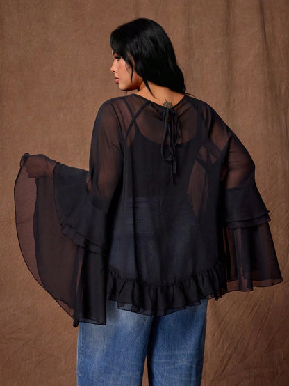 Rustia Plus Size Women's See-Through Chiffon Blouse, Ruffled Bell Sleeve Sheer Top, Y2K Gothic Style Party Casual Shirt Fall