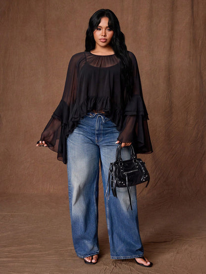 Rustia Plus Size Women's See-Through Chiffon Blouse, Ruffled Bell Sleeve Sheer Top, Y2K Gothic Style Party Casual Shirt Fall