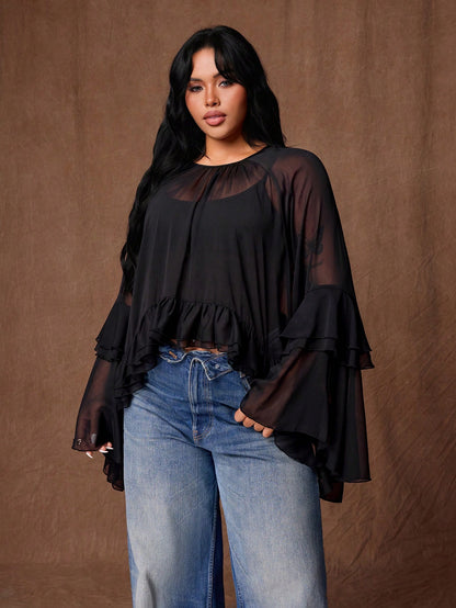 Rustia Plus Size Women's See-Through Chiffon Blouse, Ruffled Bell Sleeve Sheer Top, Y2K Gothic Style Party Casual Shirt Fall