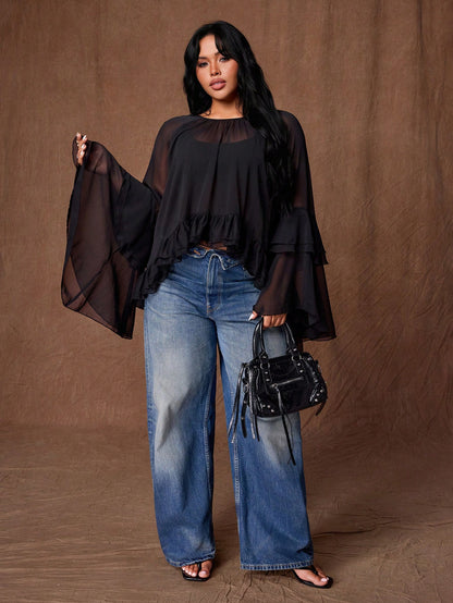 Rustia Plus Size Women's See-Through Chiffon Blouse, Ruffled Bell Sleeve Sheer Top, Y2K Gothic Style Party Casual Shirt Fall