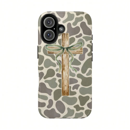 Rustic Wood Cross Phone Case For Christian, Camo Ribbon Bible Verse Case, Religious Faith Watercolor Wood Cross & Camo Phone Cover For IPhone 17 16 15 14 13 12 11 Pro Max X XR XS, SS S25 S24 S23 S22