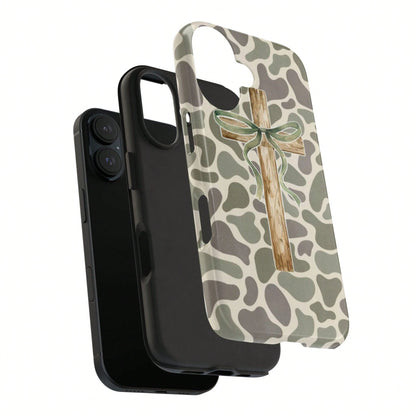 Rustic Wood Cross Phone Case For Christian, Camo Ribbon Bible Verse Case, Religious Faith Watercolor Wood Cross & Camo Phone Cover For IPhone 17 16 15 14 13 12 11 Pro Max X XR XS, SS S25 S24 S23 S22
