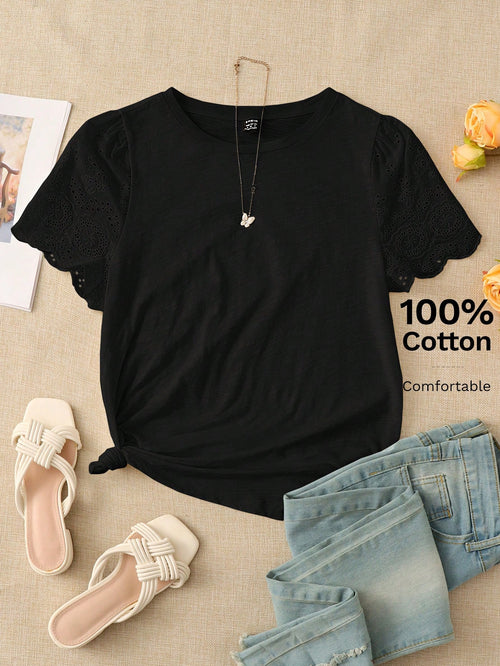 Rusticease Eyelet Embroidery Puff Sleeve Tee