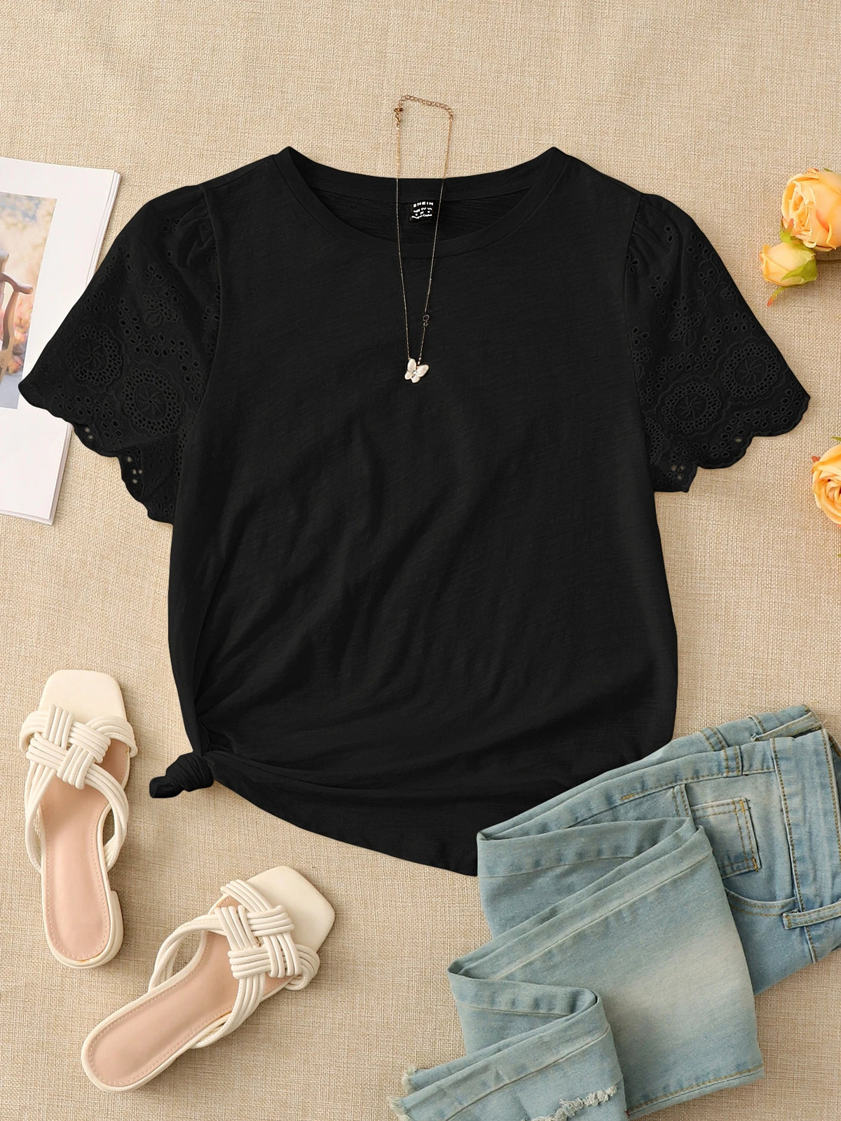 Rusticease Eyelet Embroidery Puff Sleeve Tee