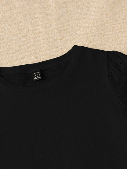 Rusticease Eyelet Embroidery Puff Sleeve Tee