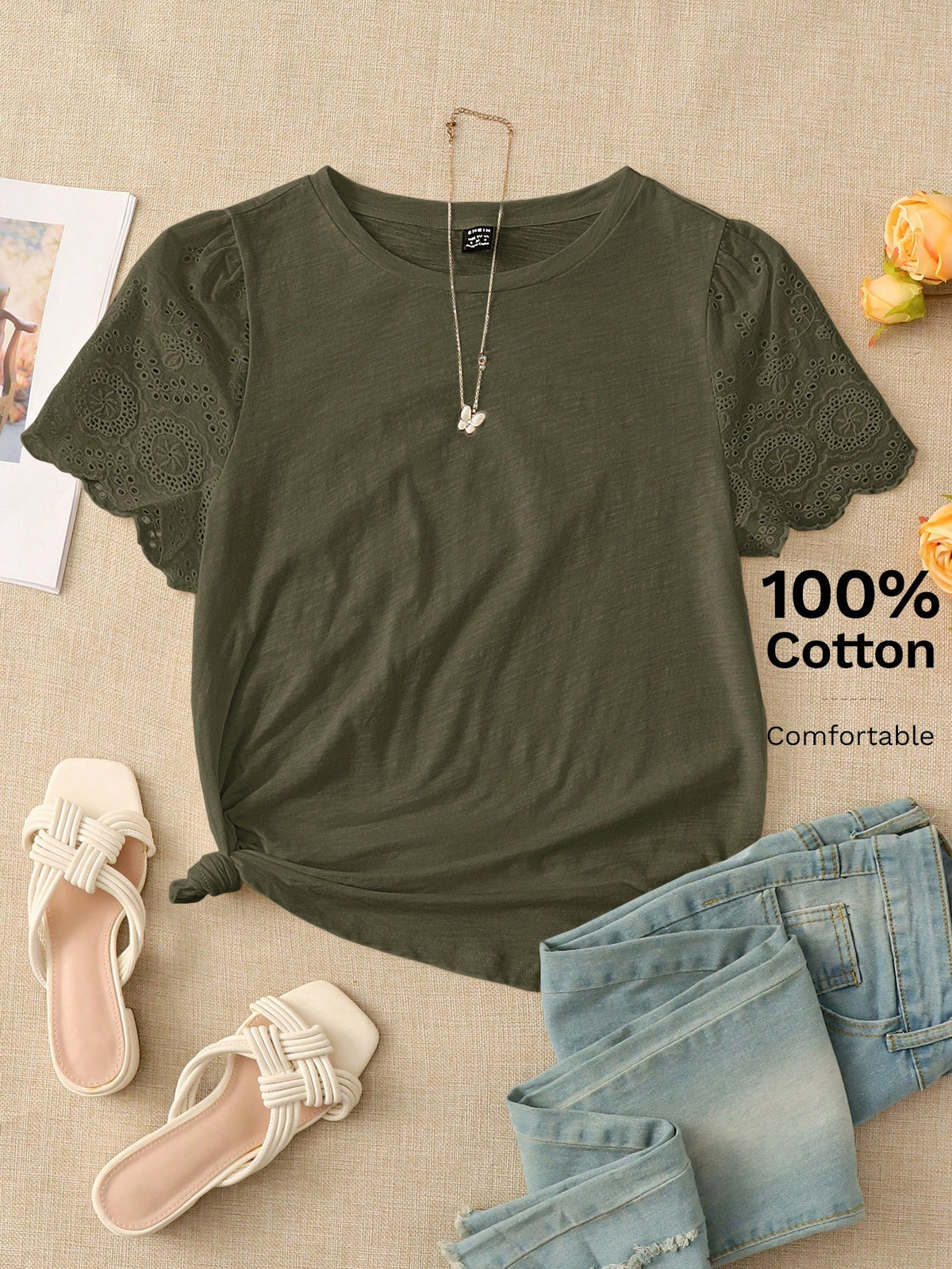 Rusticease Eyelet Embroidery Puff Sleeve Tee