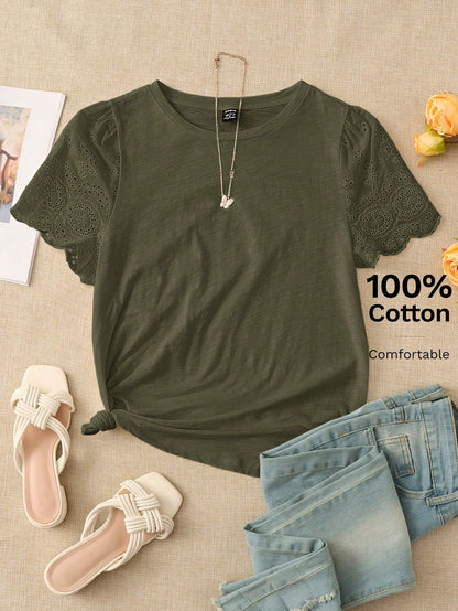 Rusticease Eyelet Embroidery Puff Sleeve Tee