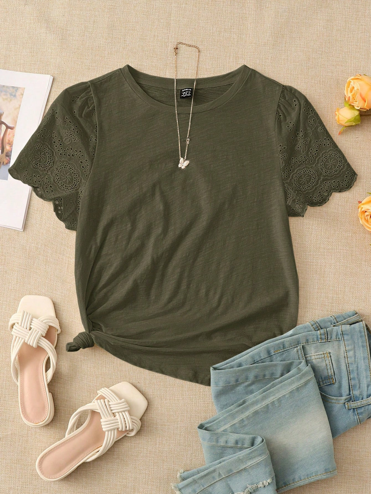 Rusticease Eyelet Embroidery Puff Sleeve Tee
