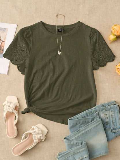 Rusticease Eyelet Embroidery Puff Sleeve Tee