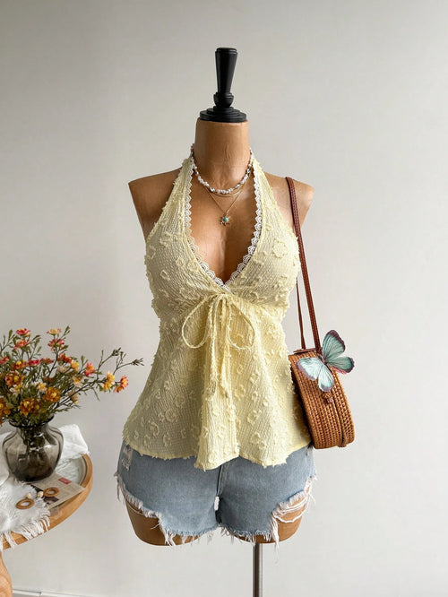 Rusttydustty Women's Backless Bohemian Style Halter Top For Vacation And Music Festival, Suitable For Autumn Summer