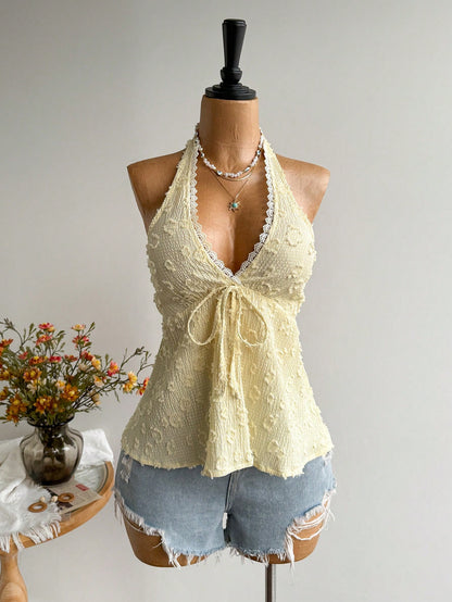 Rusttydustty Women's Backless Bohemian Style Halter Top For Vacation And Music Festival, Suitable For Autumn Summer