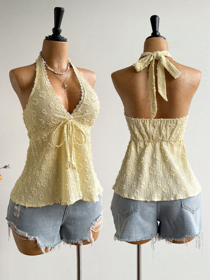 Rusttydustty Women's Backless Bohemian Style Halter Top For Vacation And Music Festival, Suitable For Autumn Summer
