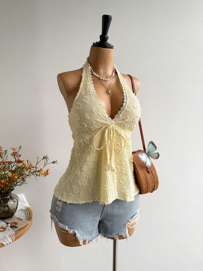 Rusttydustty Women's Backless Bohemian Style Halter Top For Vacation And Music Festival, Suitable For Autumn Summer