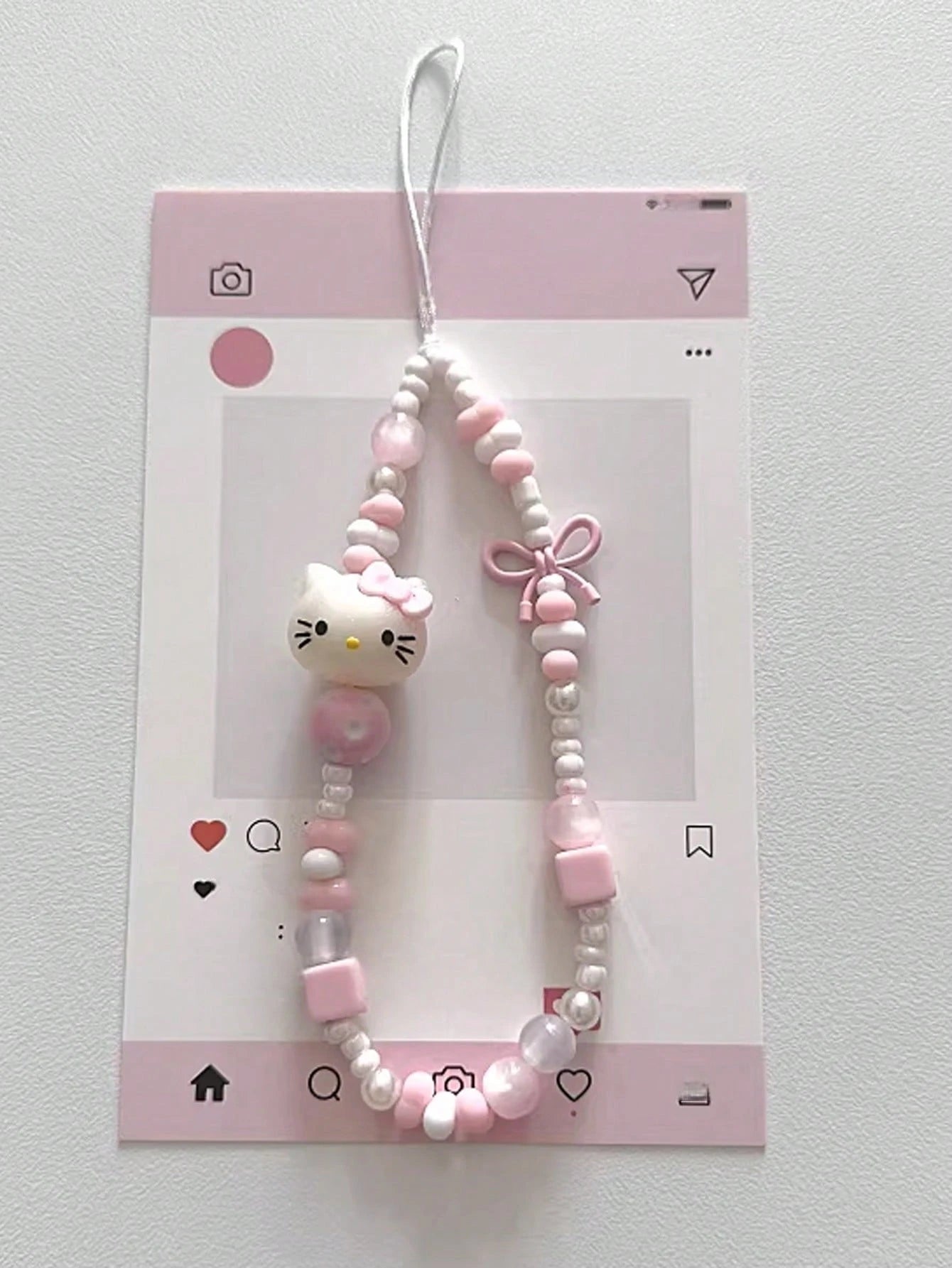SANRIO 1pc INS Style 3D Pink Hello Kitty Beaded Phone Charm, Handmade Bow Keychain, Creative DIY CCD Camera Crystal Style Lanyard, Anti-Lost Accessory