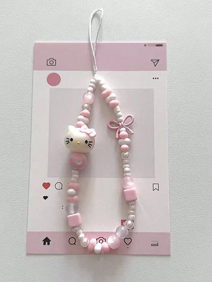 SANRIO 1pc INS Style 3D Pink Hello Kitty Beaded Phone Charm, Handmade Bow Keychain, Creative DIY CCD Camera Crystal Style Lanyard, Anti-Lost Accessory