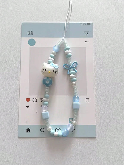 SANRIO 1pc INS Style 3D Pink Hello Kitty Beaded Phone Charm, Handmade Bow Keychain, Creative DIY CCD Camera Crystal Style Lanyard, Anti-Lost Accessory