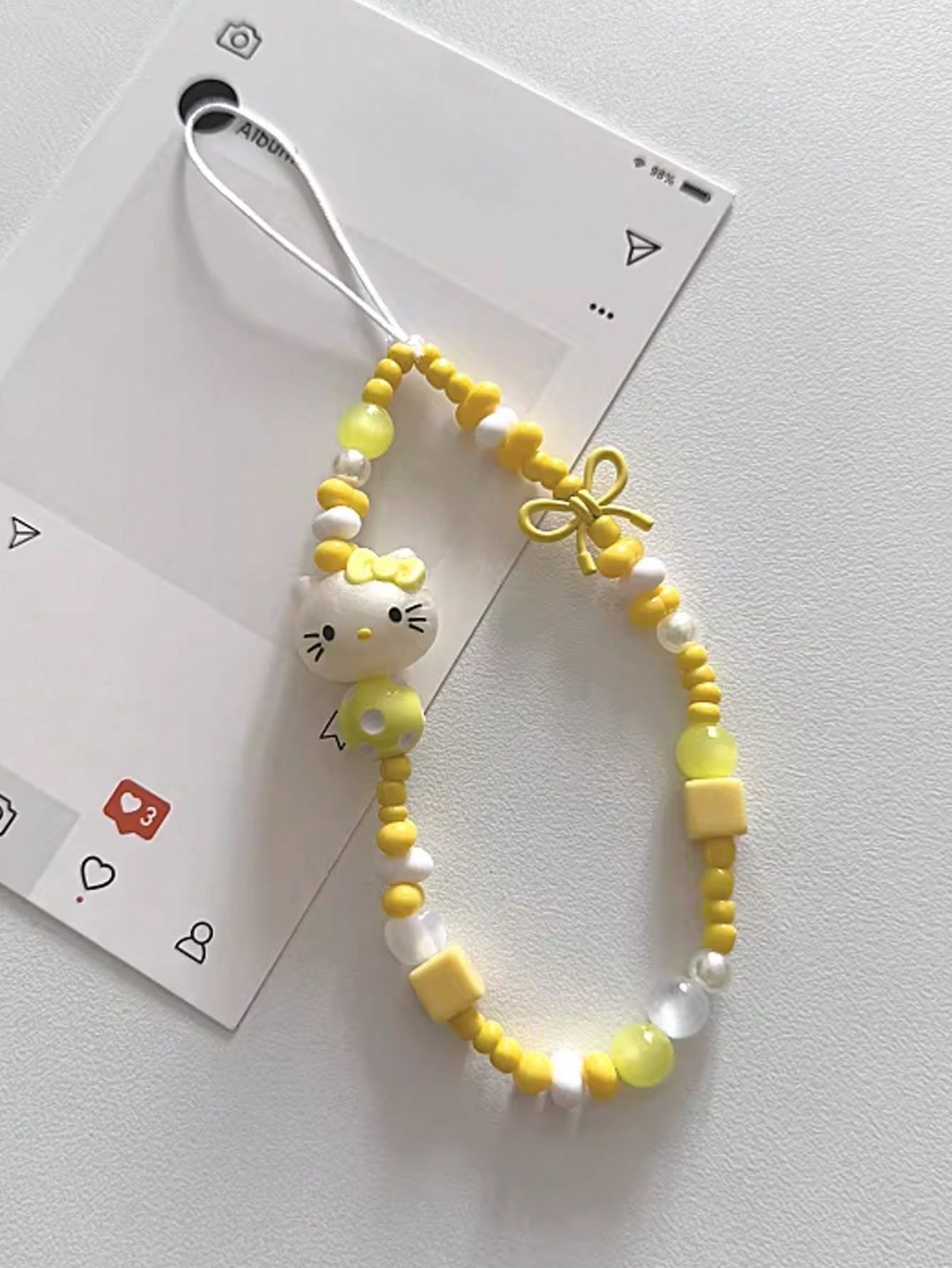 SANRIO 1pc INS Style 3D Pink Hello Kitty Beaded Phone Charm, Handmade Bow Keychain, Creative DIY CCD Camera Crystal Style Lanyard, Anti-Lost Accessory