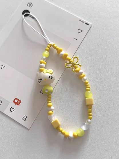 SANRIO 1pc INS Style 3D Pink Hello Kitty Beaded Phone Charm, Handmade Bow Keychain, Creative DIY CCD Camera Crystal Style Lanyard, Anti-Lost Accessory