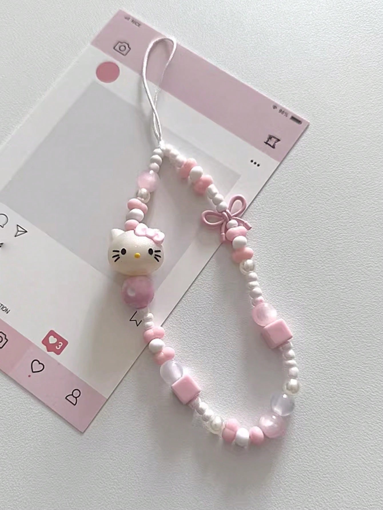 SANRIO 1pc INS Style 3D Pink Hello Kitty Beaded Phone Charm, Handmade Bow Keychain, Creative DIY CCD Camera Crystal Style Lanyard, Anti-Lost Accessory