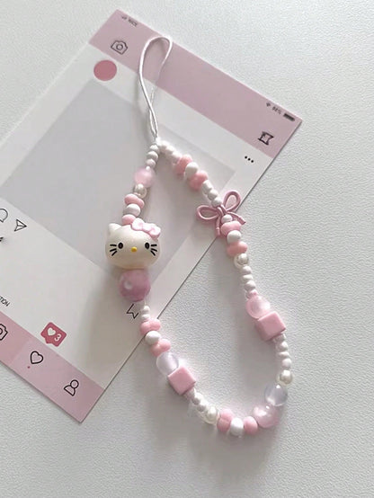 SANRIO 1pc INS Style 3D Pink Hello Kitty Beaded Phone Charm, Handmade Bow Keychain, Creative DIY CCD Camera Crystal Style Lanyard, Anti-Lost Accessory