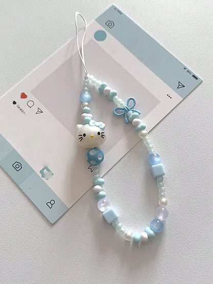 SANRIO 1pc INS Style 3D Pink Hello Kitty Beaded Phone Charm, Handmade Bow Keychain, Creative DIY CCD Camera Crystal Style Lanyard, Anti-Lost Accessory