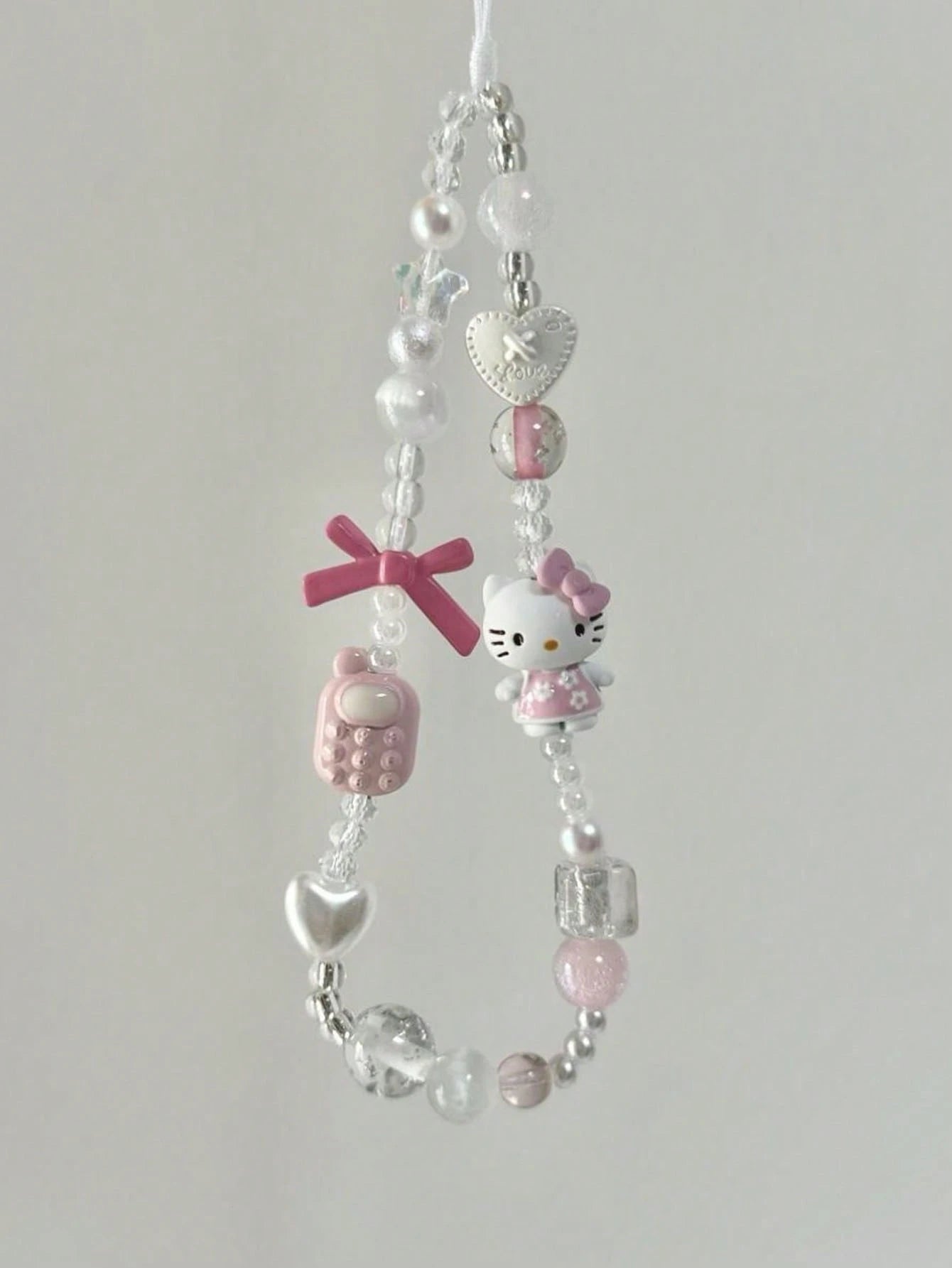 SANRIO 1pc INS Style 3D Pink Hello Kitty Beaded Phone Charm, Handmade Bow Keychain, Creative DIY CCD Camera Crystal Style Lanyard, Anti-Lost Accessory