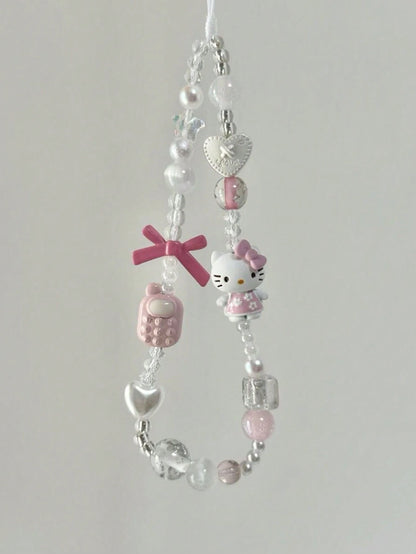 SANRIO 1pc INS Style 3D Pink Hello Kitty Beaded Phone Charm, Handmade Bow Keychain, Creative DIY CCD Camera Crystal Style Lanyard, Anti-Lost Accessory