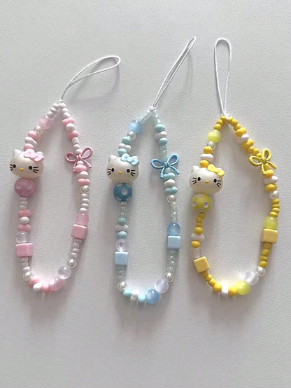 SANRIO 1pc INS Style 3D Pink Hello Kitty Beaded Phone Charm, Handmade Bow Keychain, Creative DIY CCD Camera Crystal Style Lanyard, Anti-Lost Accessory